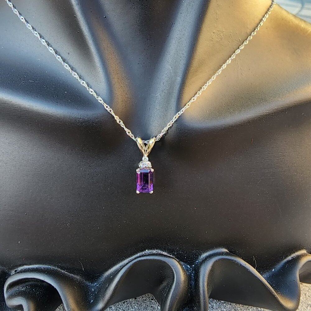 Stamped 14K White Gold (Not Plated or Filled) Diamond Amethyst Pendant Necklace